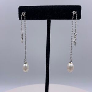Earrings, NWOT, adjustable length, double drop, real pearl, charm with crystals